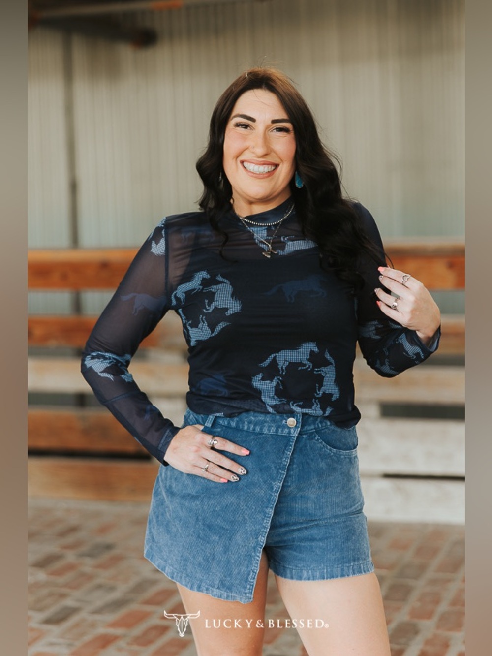 Lucky & Blessed Midnight Blue Horse Printed Long Sleeve Stretch Mesh Top